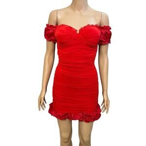 Shein Off The Shoulder Ruched Mini Dress 4 Red Ruffle Valentines Day Coquette